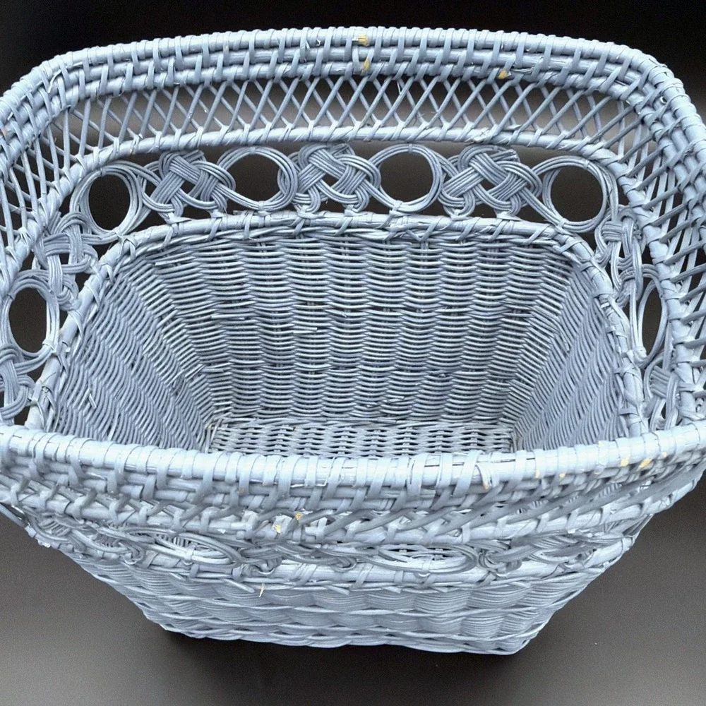 VTG Wicker Basket Light Blue Painted Braided Knot Openwork Lattice Decor
